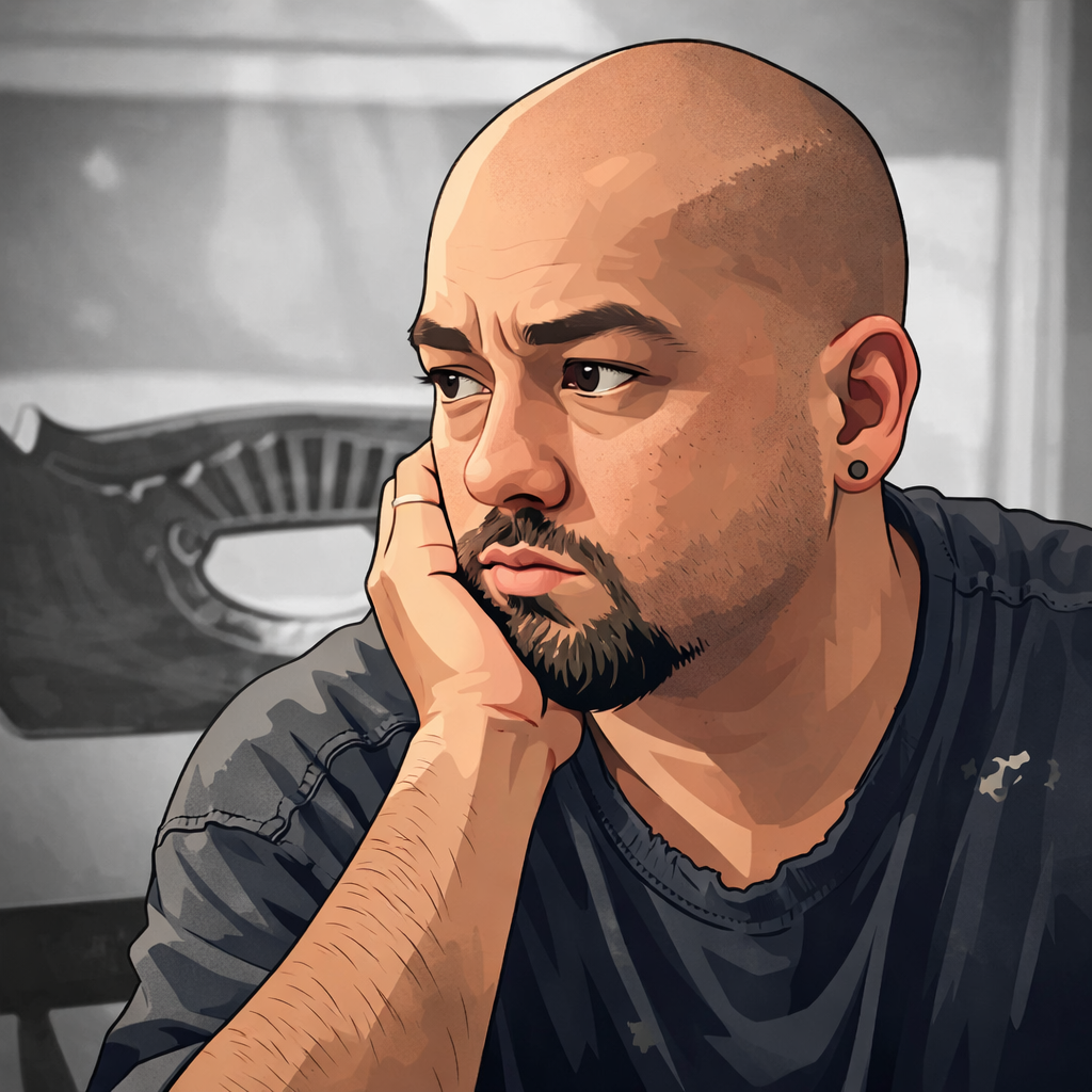 A contemplative man with a shaved head resting his chin on his hand.
