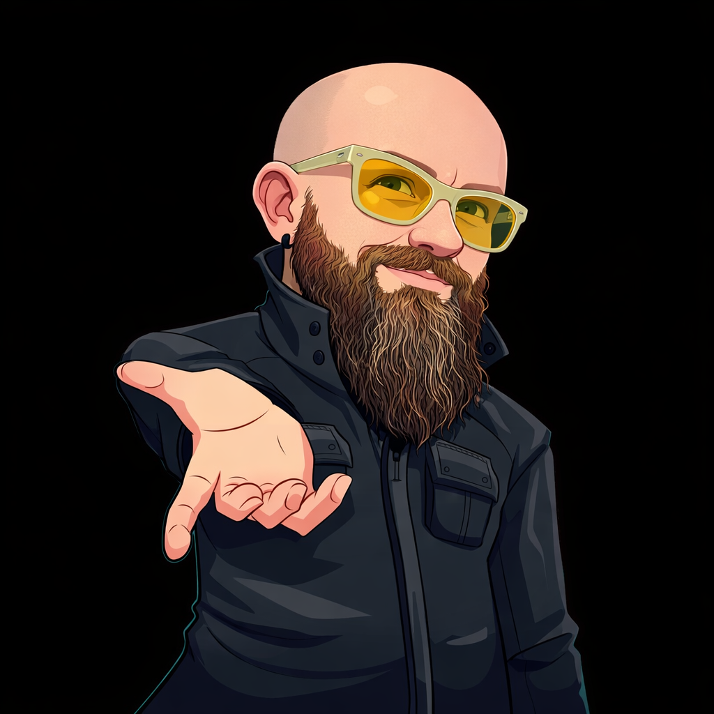 A stylized illustration of a bald man with a beard wearing yellow sunglasses and a black jacket.