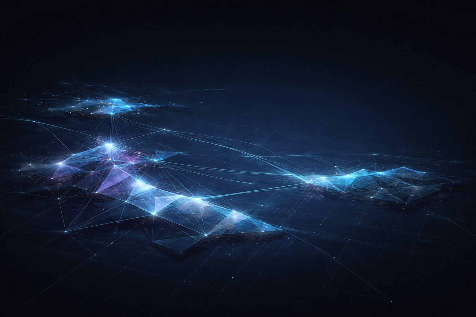 Abstract digital landscape with glowing triangular shapes and lines on a dark background.
