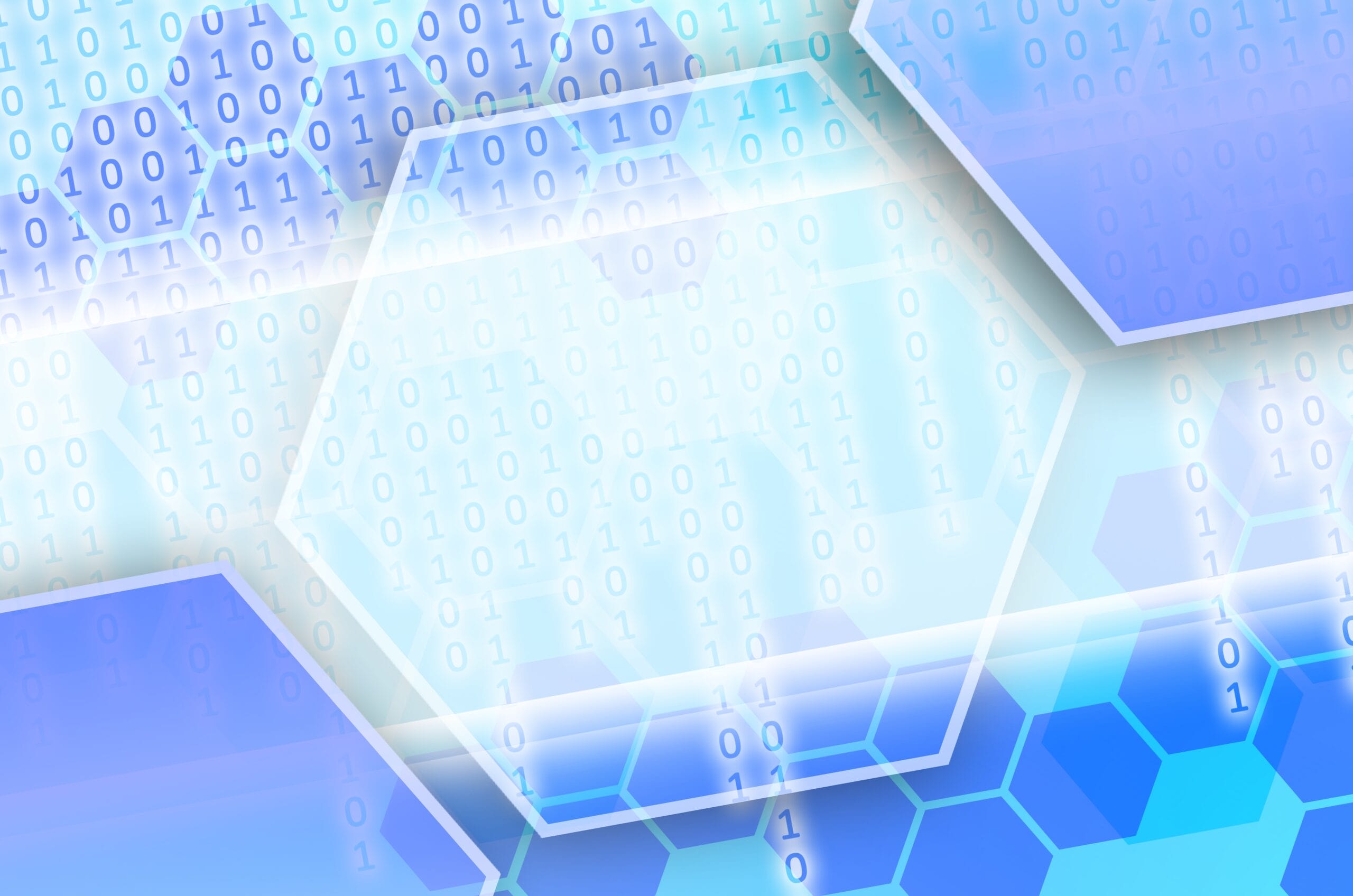Abstract digital background featuring binary code and hexagonal shapes in blue tones.