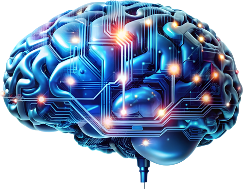 A futuristic blue brain with glowing circuitry and connections.