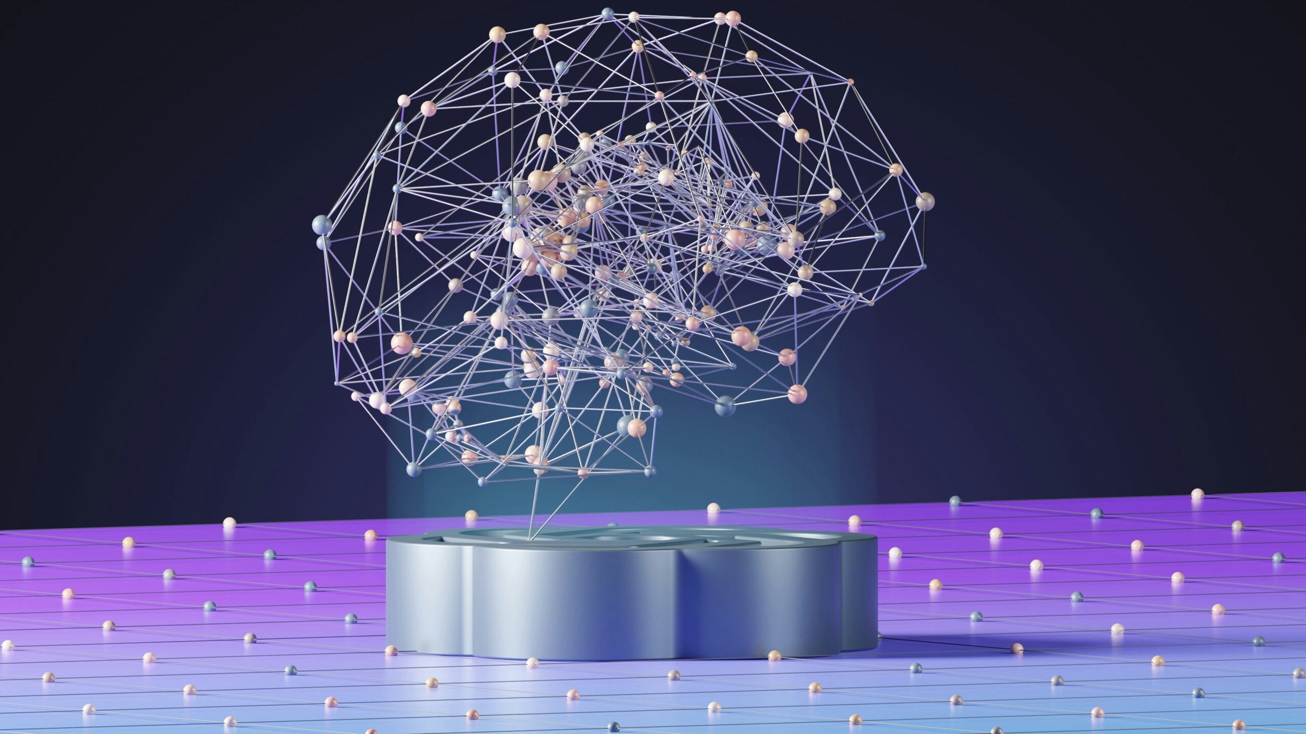 A 3D representation of a neural network resembling a brain, with interconnected nodes.
