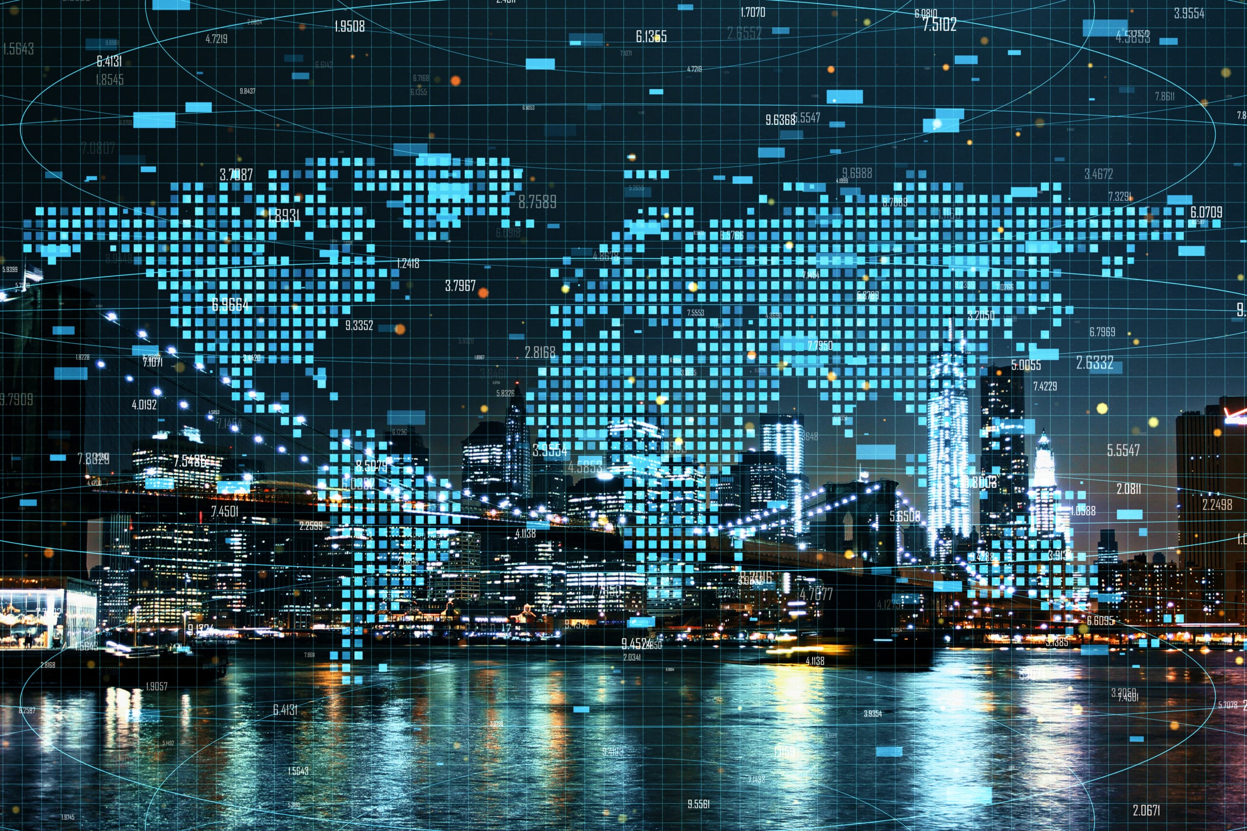 Digital world map overlaying a city skyline at night.