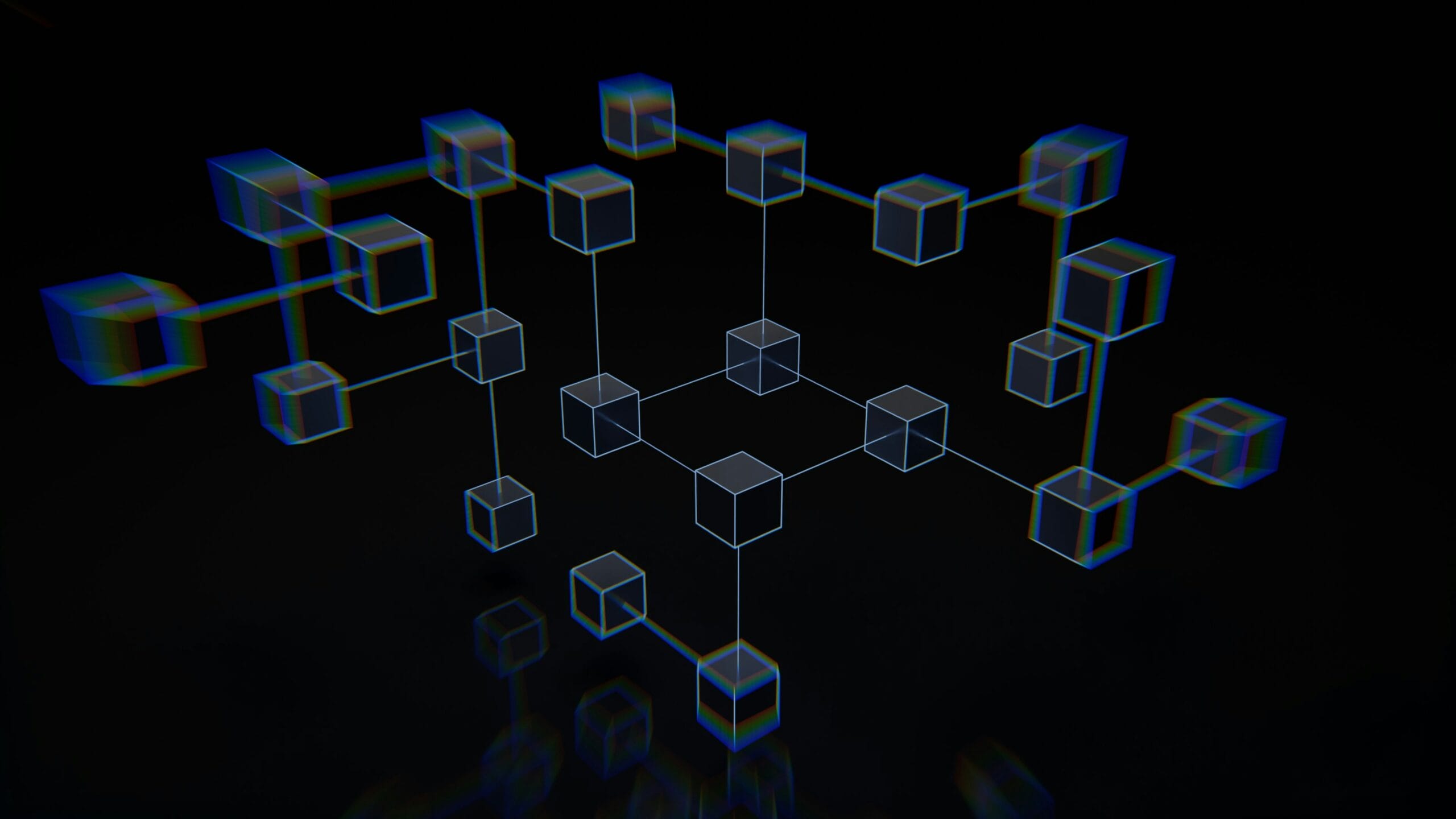 Abstract 3D network of interconnected cubes on a dark background.