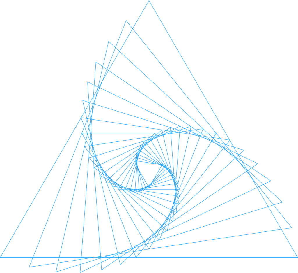 Geometric spiral design featuring blue lines on a black background.