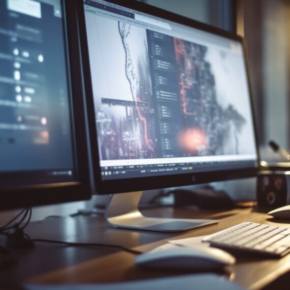 A modern workspace featuring dual monitors displaying data analysis and a sleek keyboard.