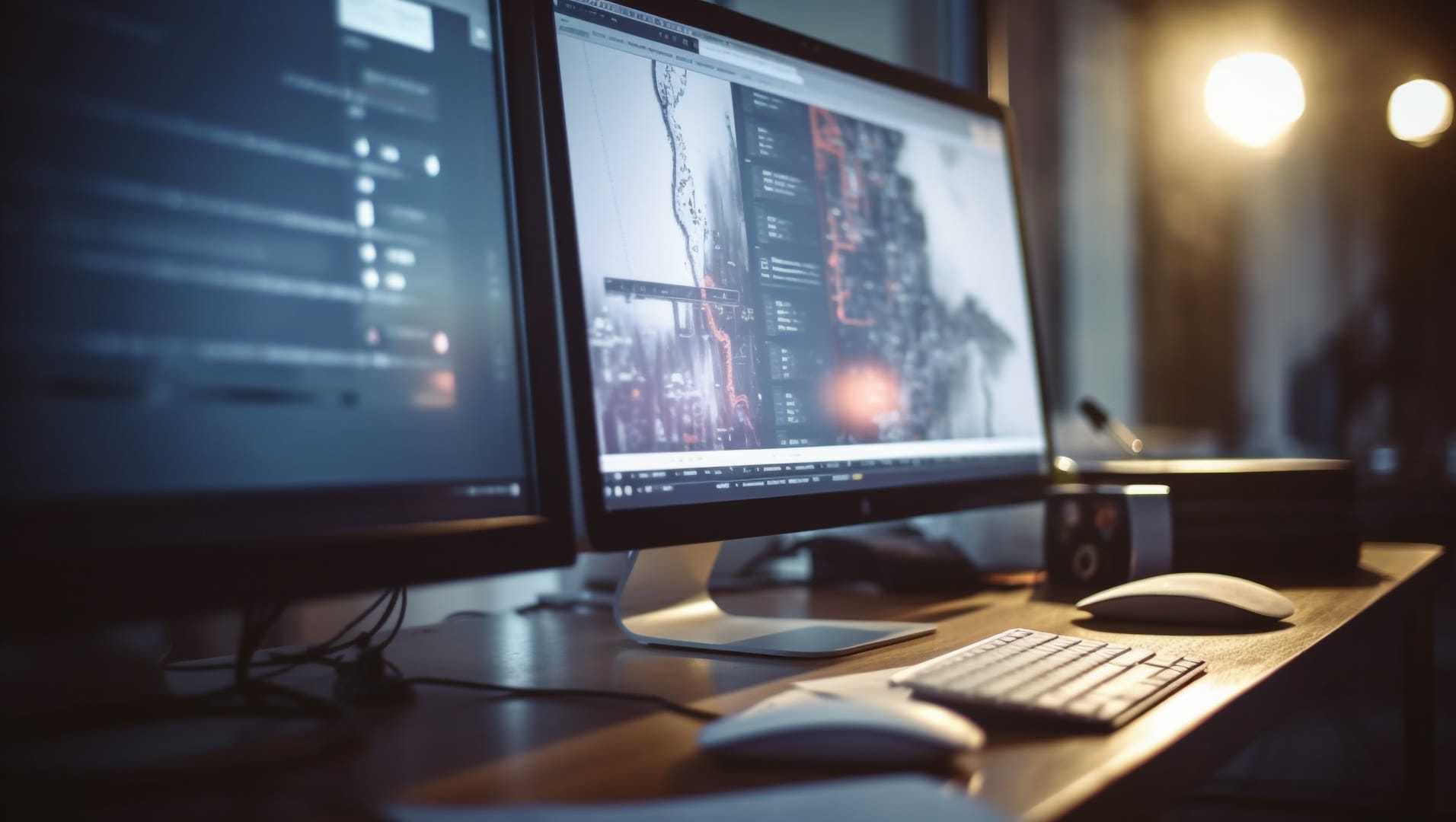 A modern workspace featuring dual monitors displaying data analysis and a sleek keyboard.