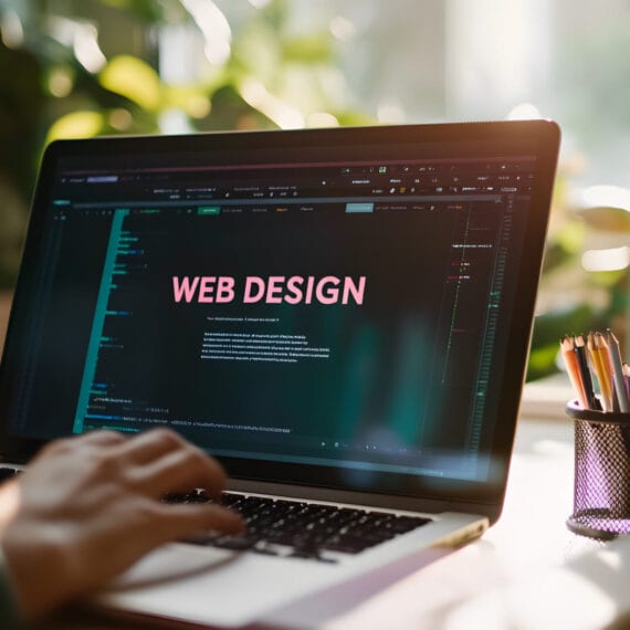 Modern laptop displaying a sleek, responsive business website with a vibrant Naples, Florida-inspired design, placed on an office desk alongside a smartphone and a coffee cup.
