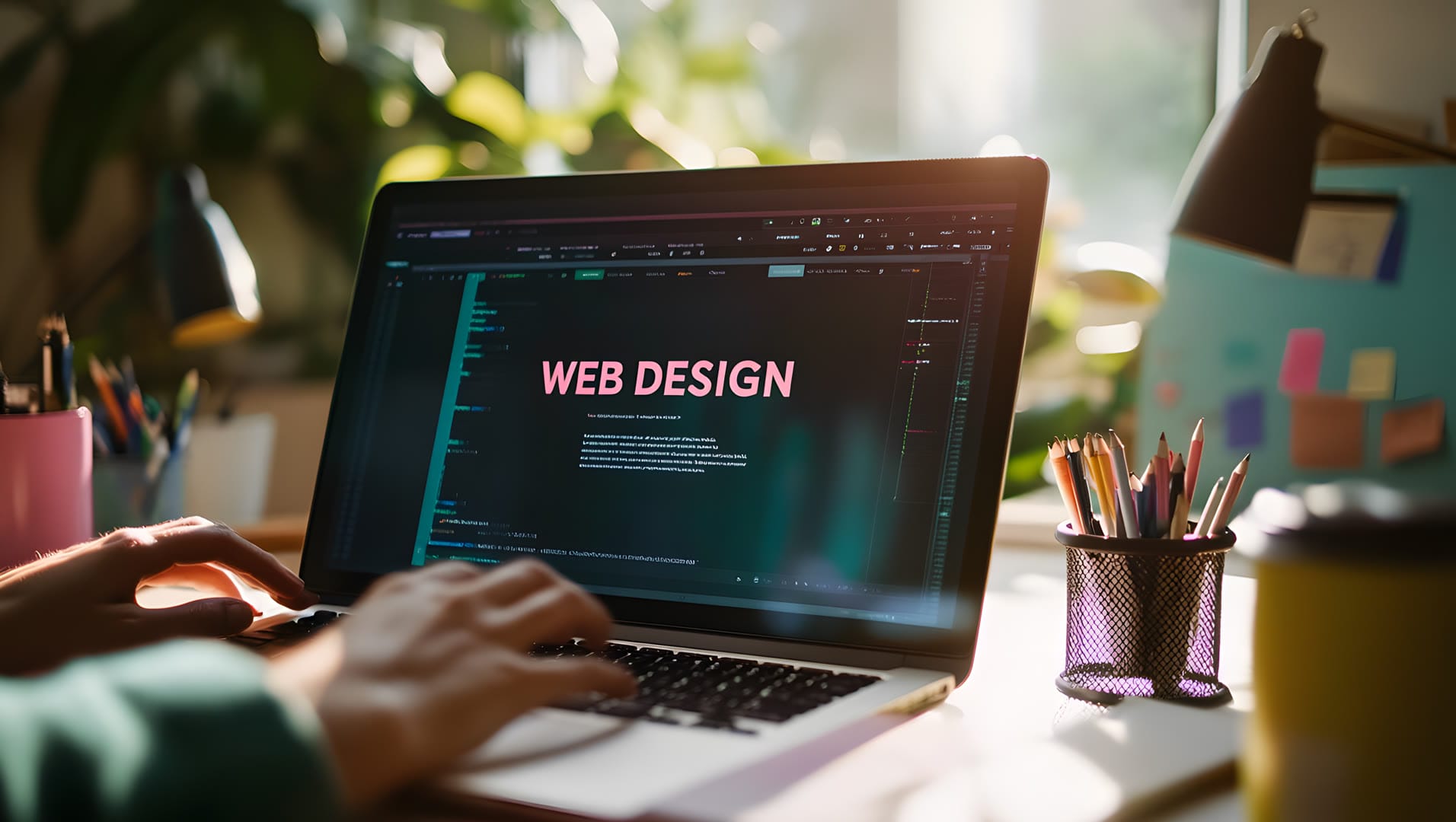 Modern laptop displaying a sleek, responsive business website with a vibrant Naples, Florida-inspired design, placed on an office desk alongside a smartphone and a coffee cup.