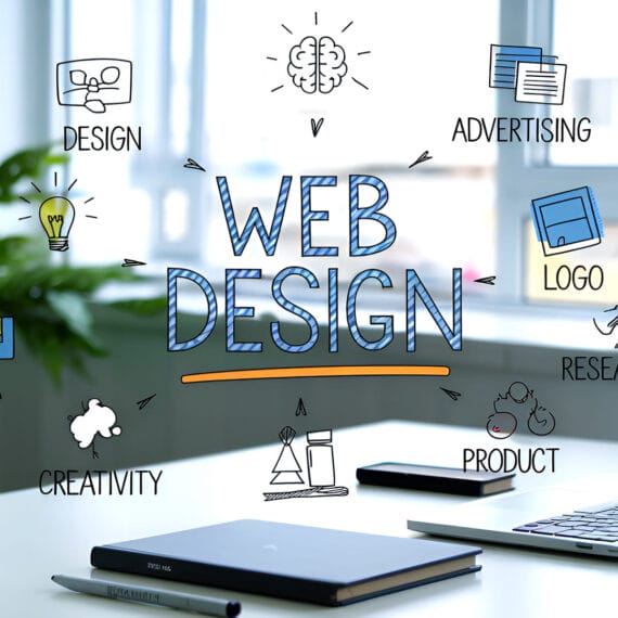Graphic showcasing SEO and web design services by Solve Design Create, featuring a sleek website layout with various digital marketing elements