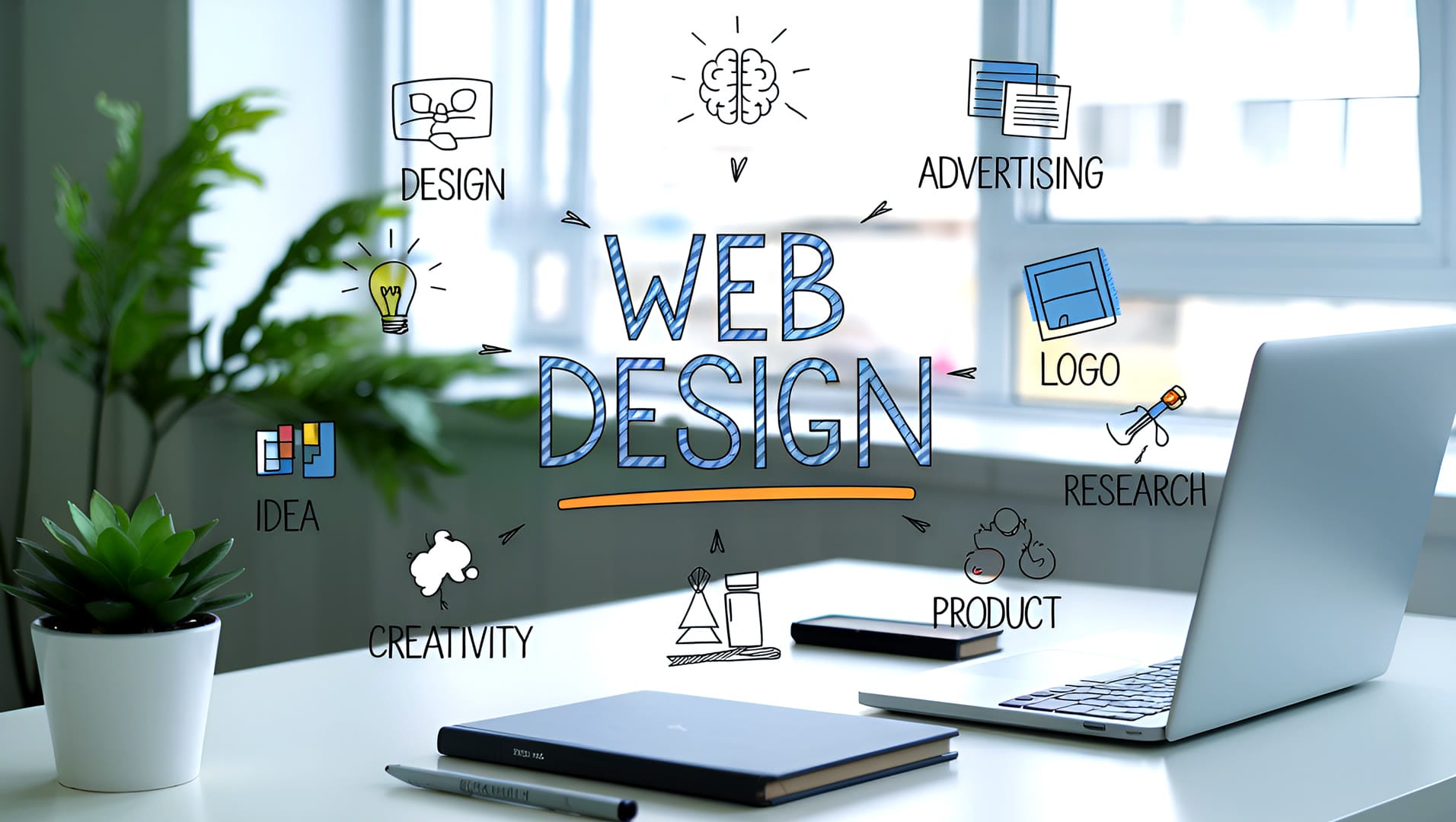 Graphic showcasing SEO and web design services by Solve Design Create, featuring a sleek website layout with various digital marketing elements