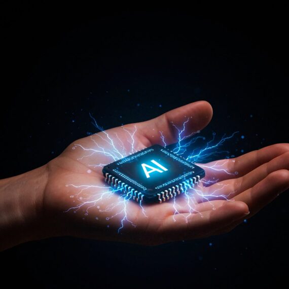 A hand holding a glowing AI chip surrounded by electric sparks.