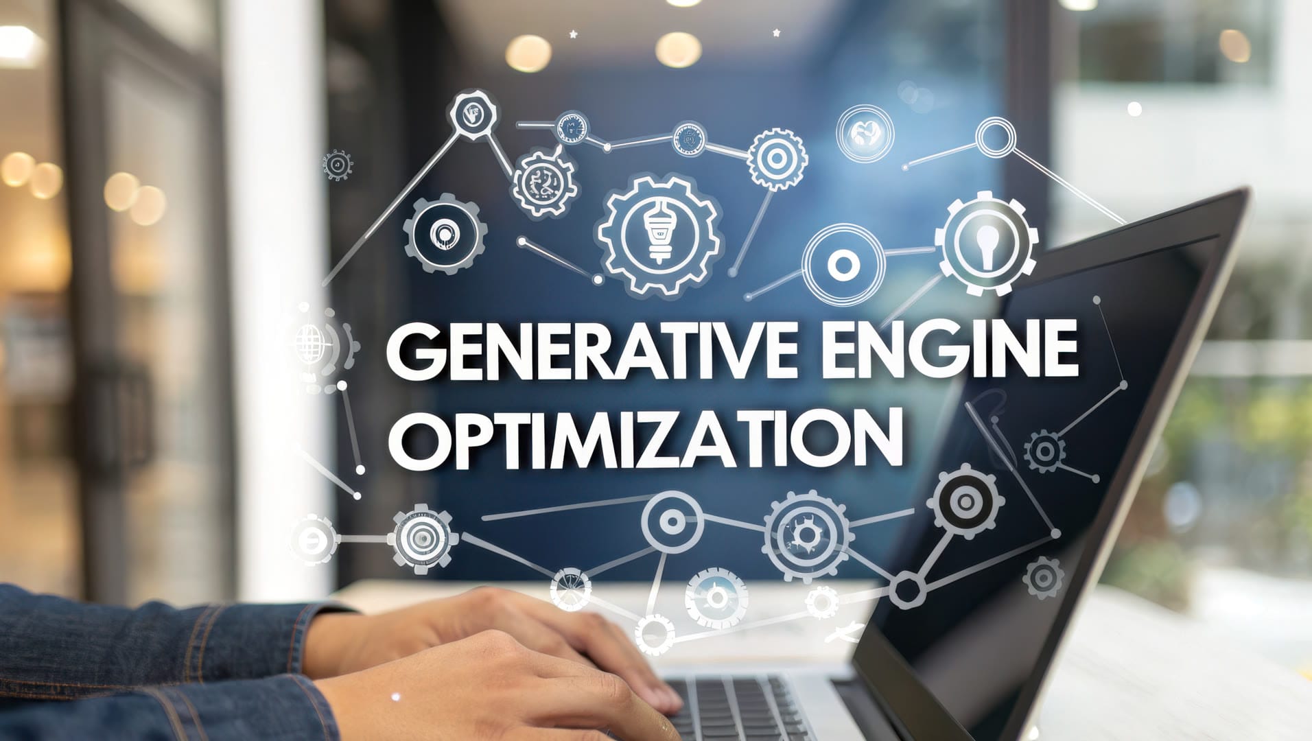 Hands typing on a laptop with graphics about generative engine optimization.