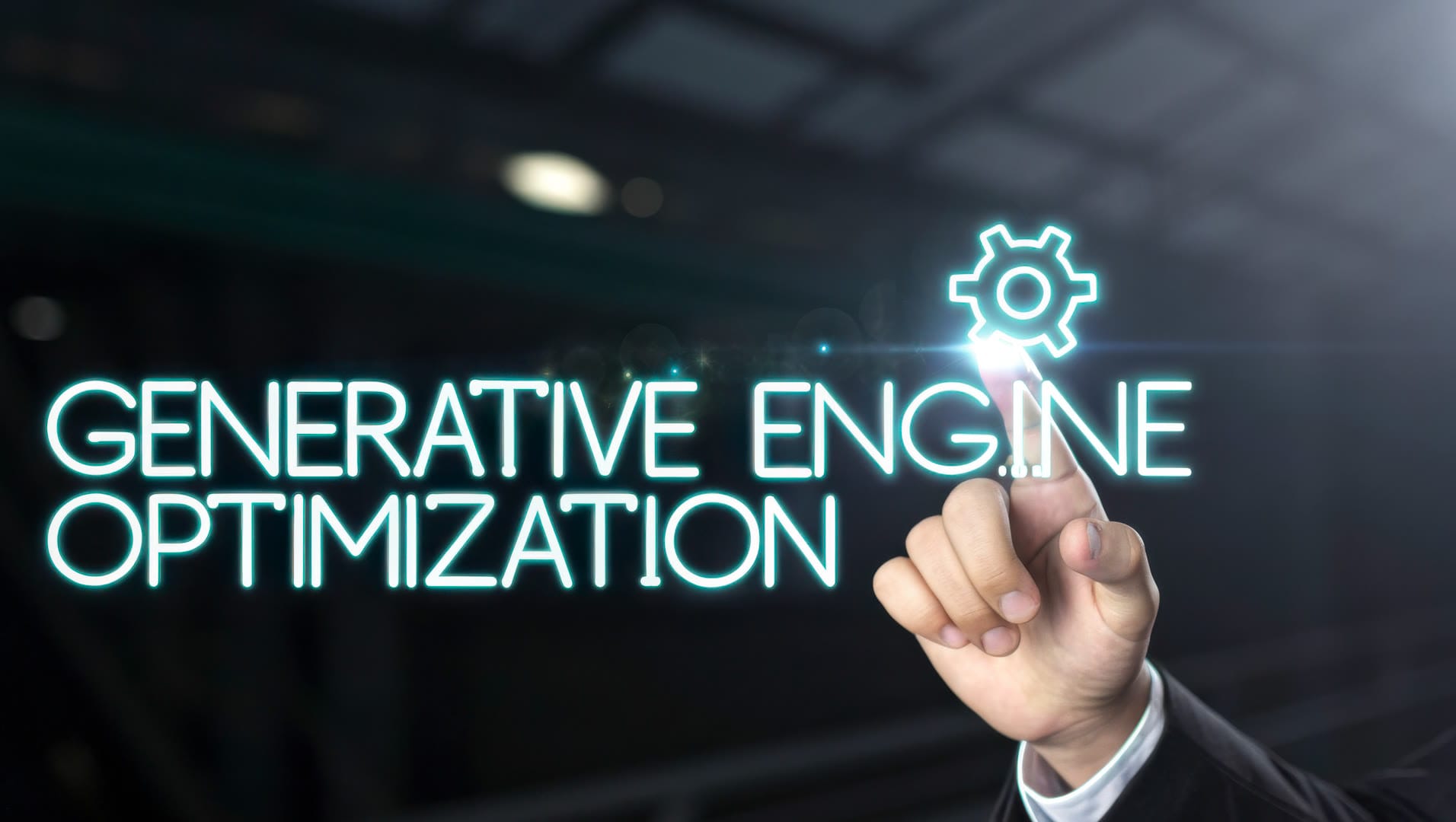 A hand pointing at the words 'Generative Engine Optimization' with a gear icon.