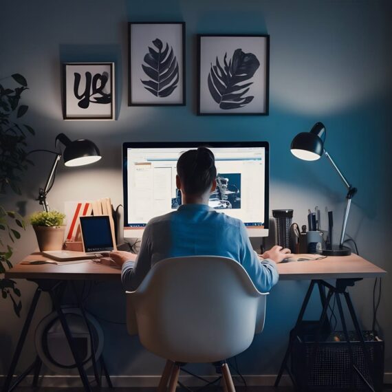 A person working at a modern desk in a cozy, dimly lit home office.