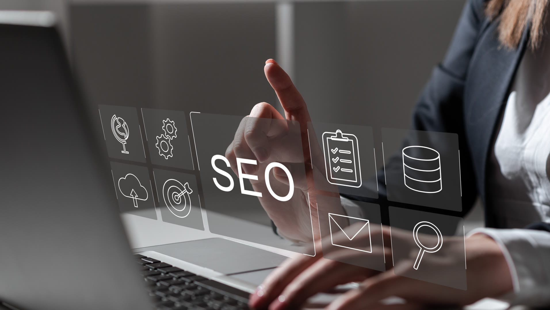 A graphic representing SEO web design services by Solve Design Create, showcasing a computer screen displaying a beautifully designed website alongside SEO analytics charts