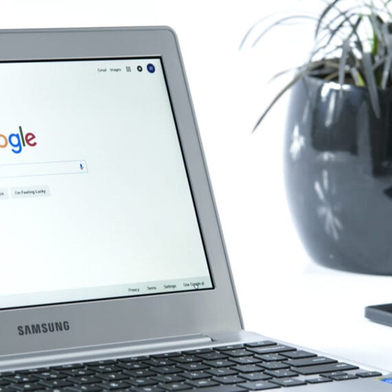 A laptop displaying the Google homepage with a potted plant in the background.