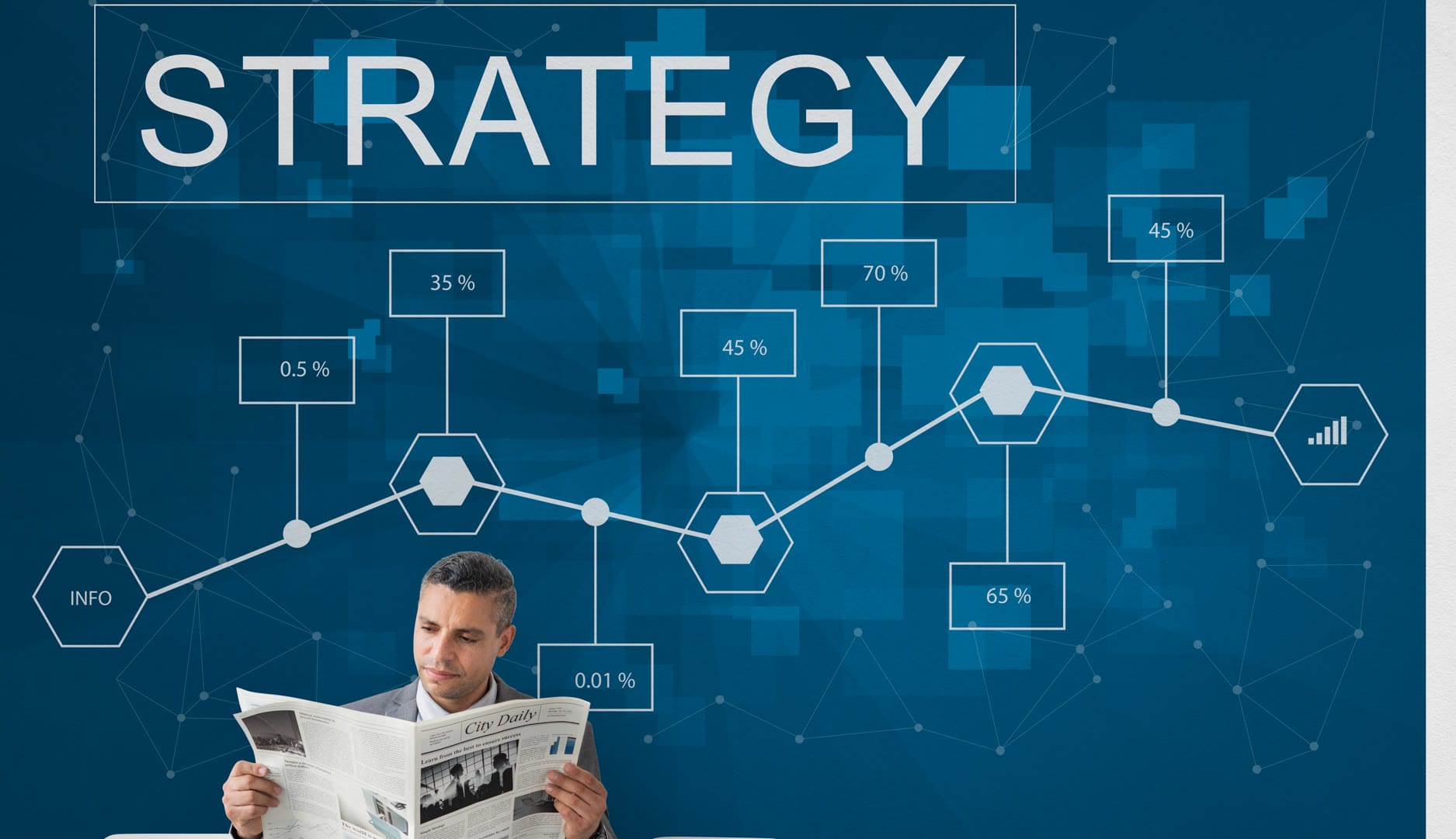 A man reading a newspaper in front of a blue wall displaying strategic data visuals.