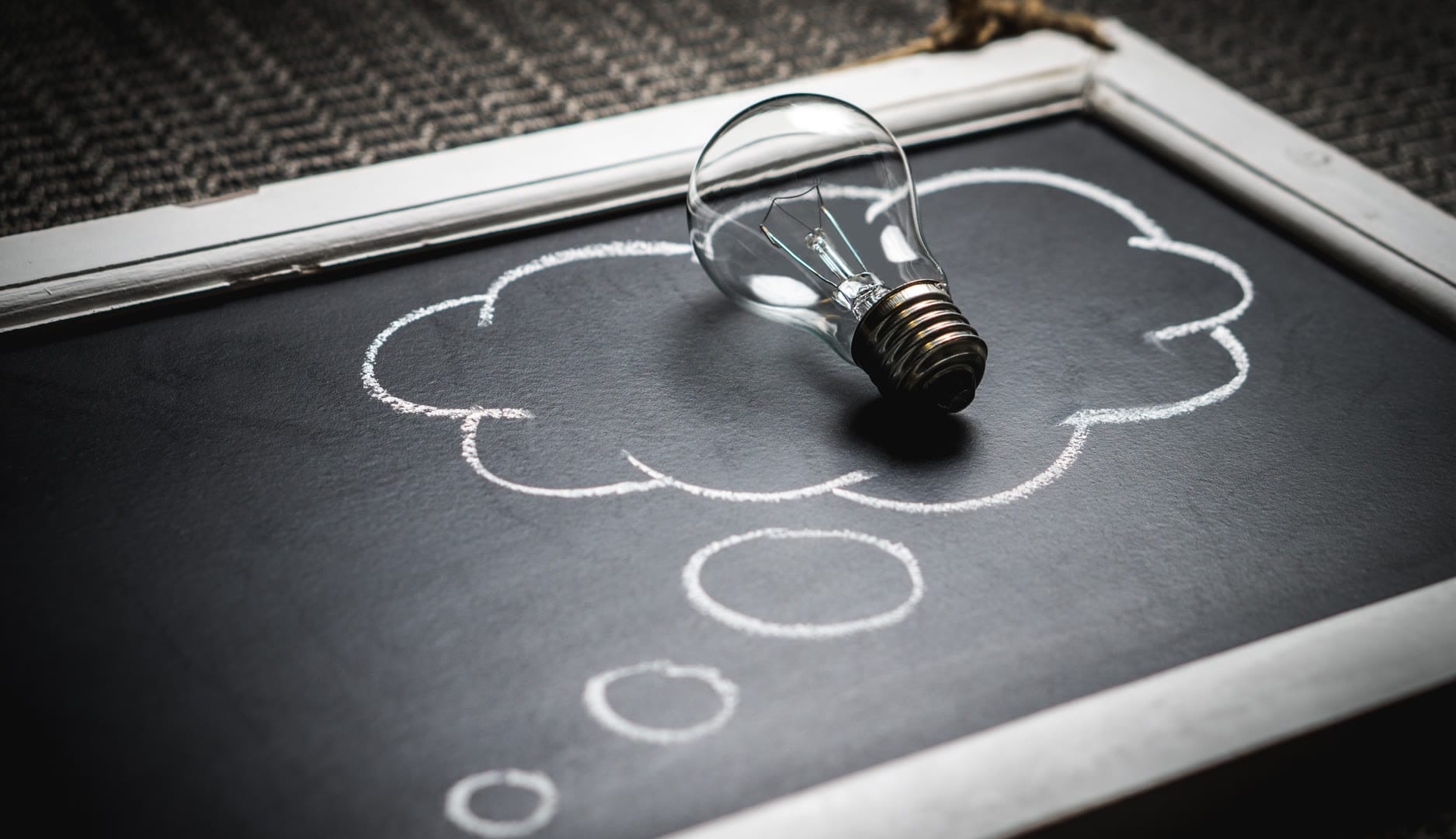 A light bulb placed on a chalkboard with drawn thought bubbles.