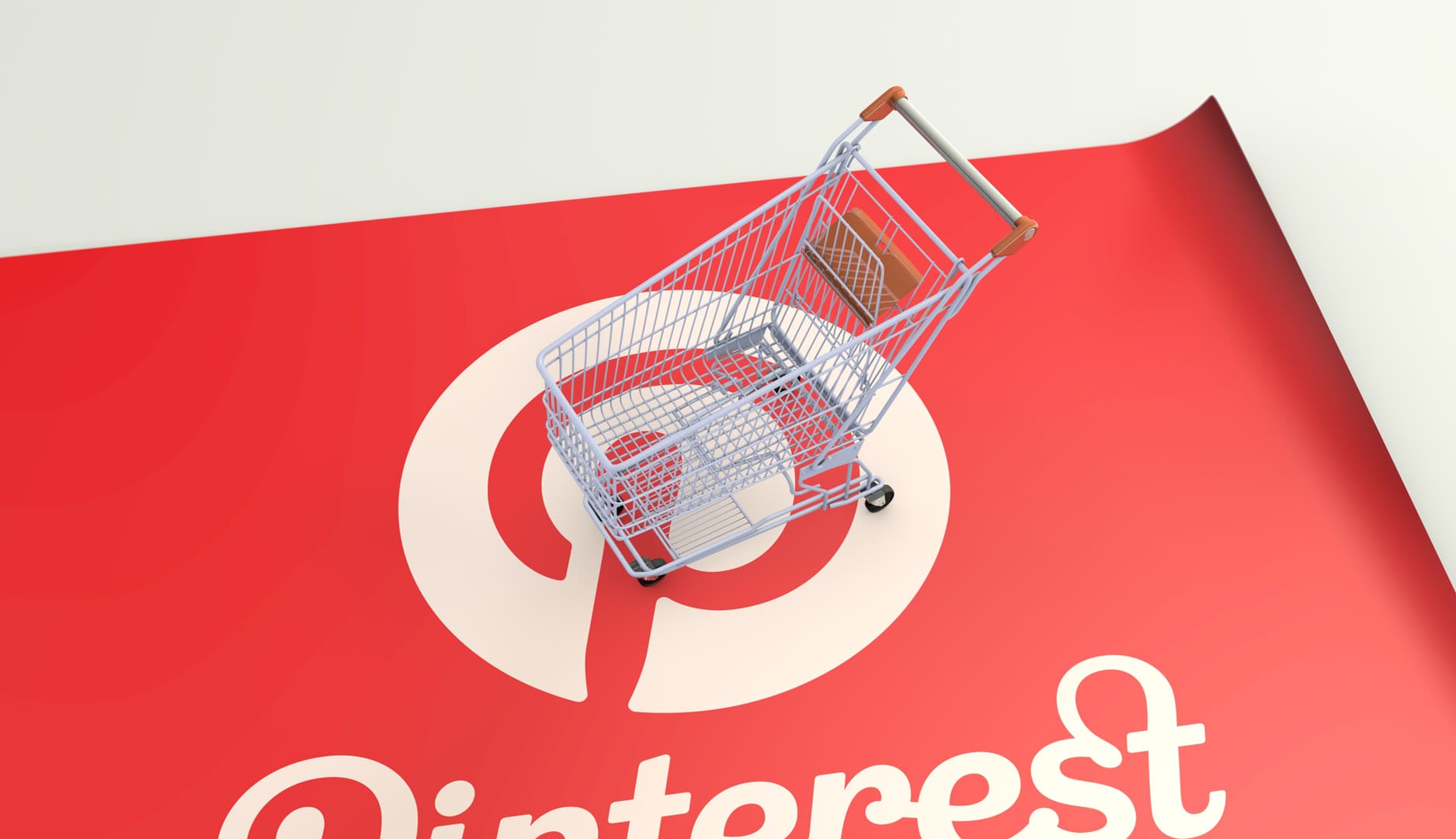 A shopping cart positioned on a large Pinterest logo on a red background.