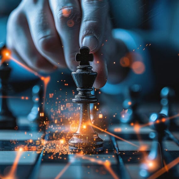 A hand moves a chess piece, surrounded by glowing sparks and digital connections.