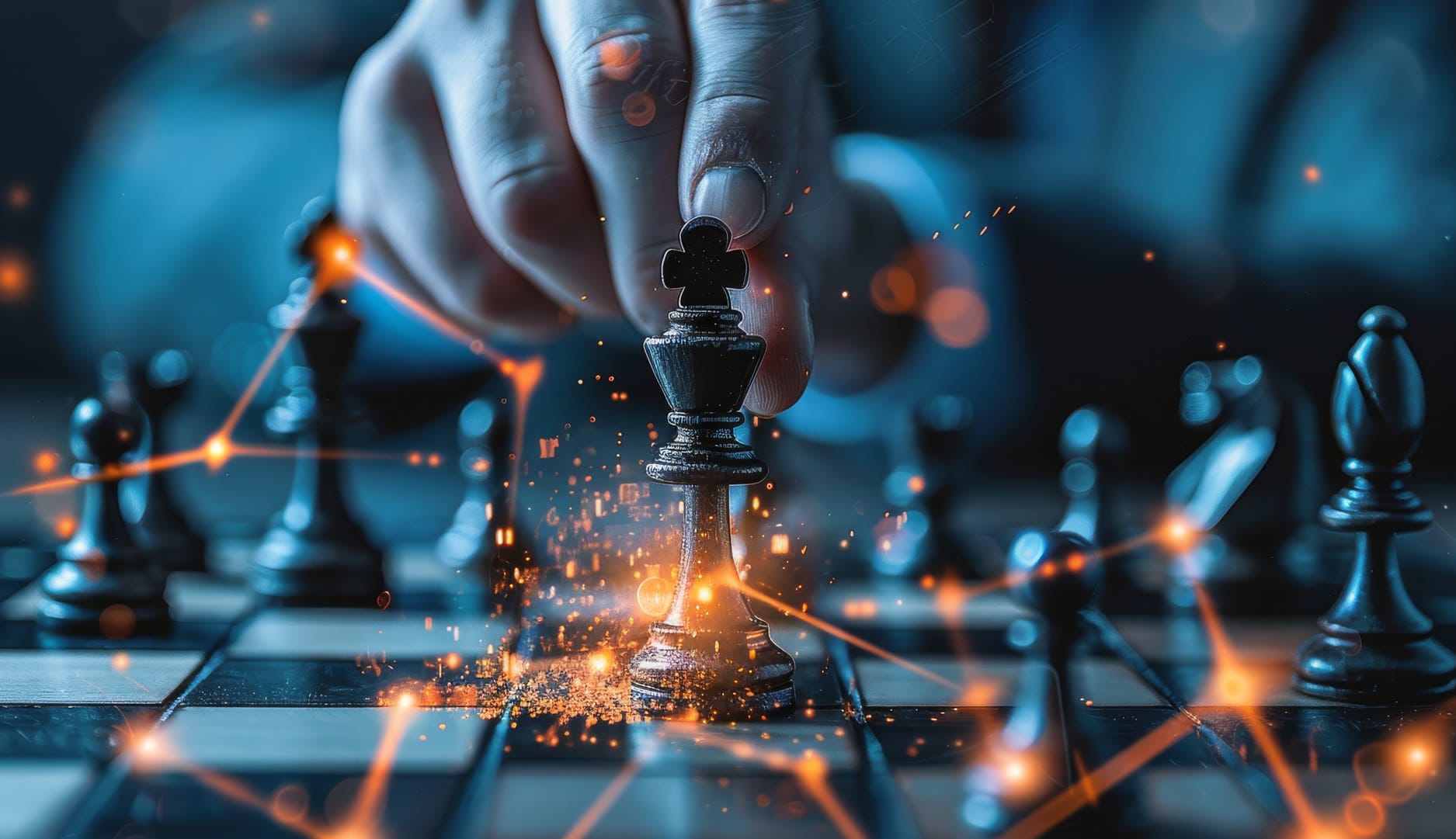 A hand moves a chess piece, surrounded by glowing sparks and digital connections.