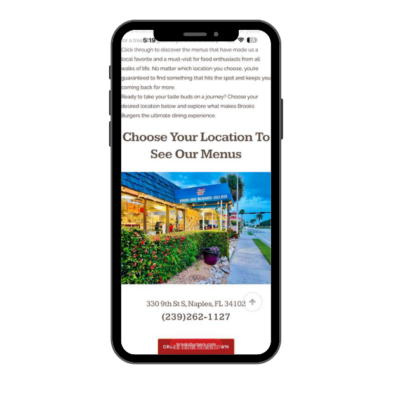 A smartphone displaying a restaurant's menu and location information.