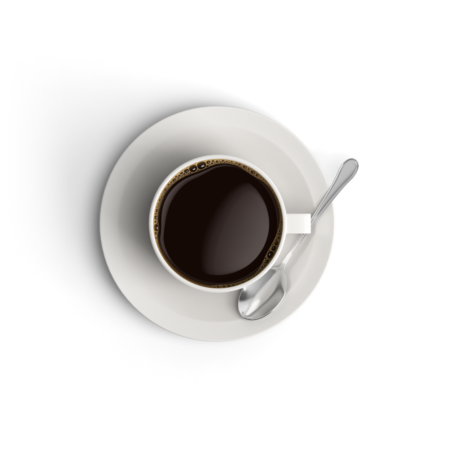 A top-down view of a cup of black coffee on a white saucer.