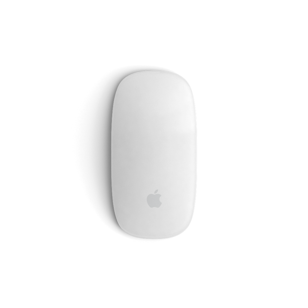 A sleek white Apple Magic Mouse on a black background.