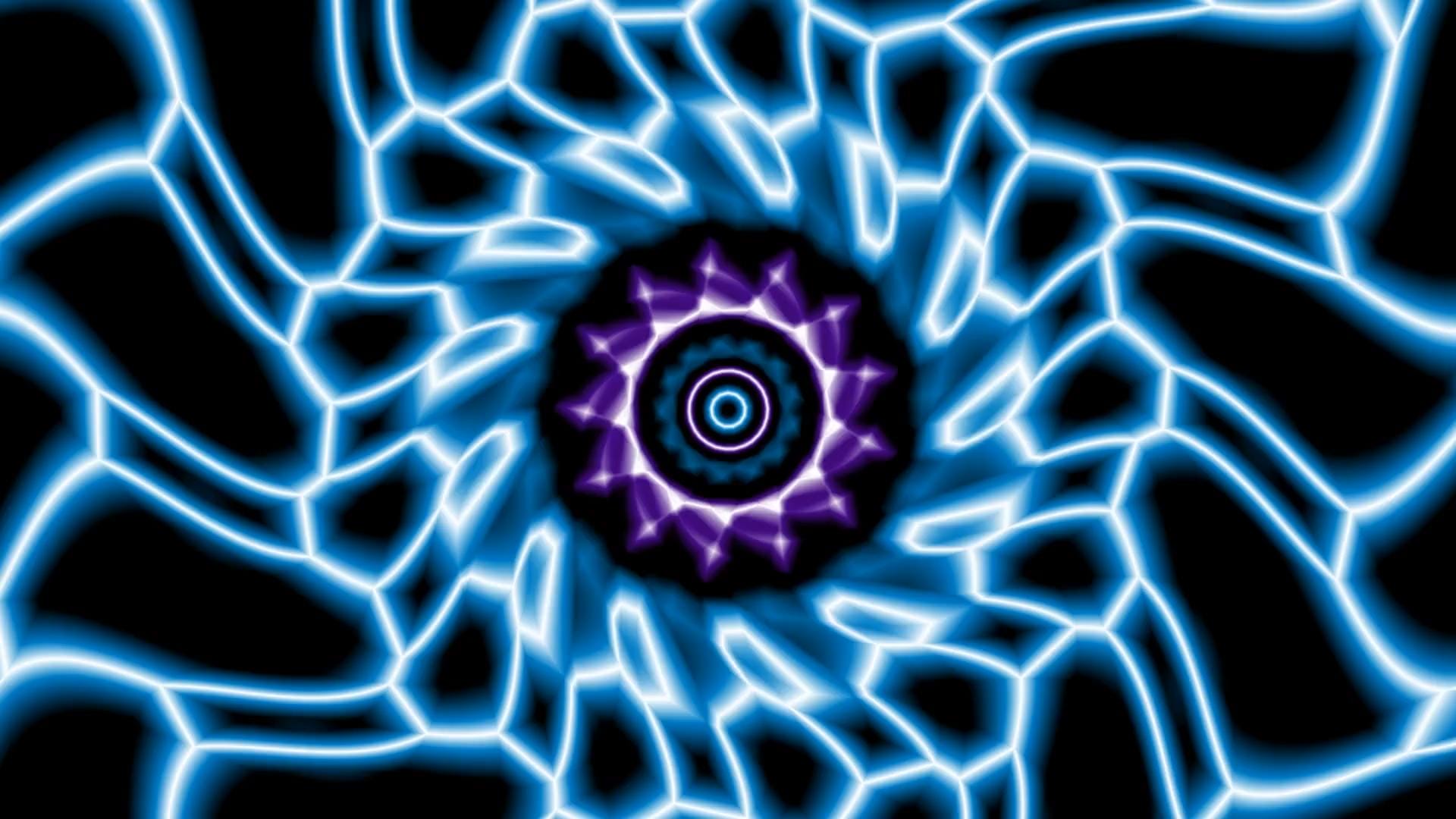 A vibrant spiral pattern with blue and purple glowing lines against a black background.